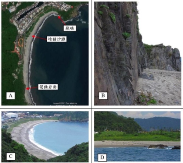內埤海岸主要景觀：A.景觀位置點、B.侵蝕岩面、C.堆積沙灘、D.顯礁。