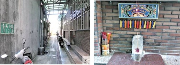 左圖：石敢當守護著舊城北路12巷巷口。/ 右圖：石敢當上方牆壁裝飾木製的雙龍彩牌，增添不少莊重氛圍。(皆為陳財發提供）
