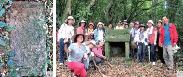 左圖：嶐嶺古道石城段的土地公石牌。（宜蘭縣史館典藏） / 右圖：水頭土地公廟之石製神位曾倒塌於路邊。（陳財發提供）