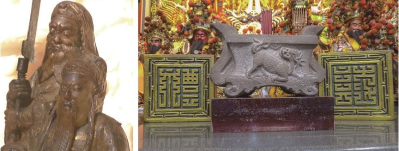 左：大坑里協天宮麝石雕製的開基神尊。( 張恆瑞攝) / 右：大坑里協天宮麒麟獸古石香爐，兩旁為舊廟所留下的門釘。 ( 張恆瑞攝)