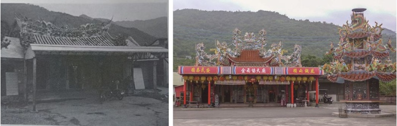 左：金面里協天廟舊廟貌。 ( 莊英章、吳文星，《頭城鎮志》，頭城鎮公所，1985 年) / 右：金面里協天廟正立面 。( 張恆瑞攝)