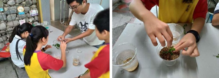 左：孩童學習打造「魚菜共生」的家，2019年攝，勝洋休閒農場提供 / 右：魚菜共生半成品， 2019年攝，勝洋休閒農場提供