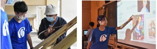 【博物館入校園2.0-復興國中】左圖：潘金榮耆老向學生說明家屋的屋樑 / 右圖：學生簡報童話裡的建築。