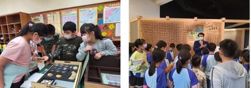 【博物館入校園2.0-學進國小】左圖：訓練學生為蘭陽博物館所研發之考古教具箱的小關主 / 右圖：蘭博兒童考古探索廳參觀體驗。