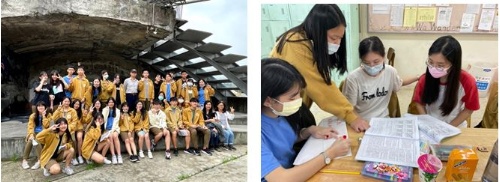 【博物館入校園2.0-羅東高中】左圖：遺構考察地員山機堡合照 / 右圖：「二戰與台灣」的相關資料閱讀。