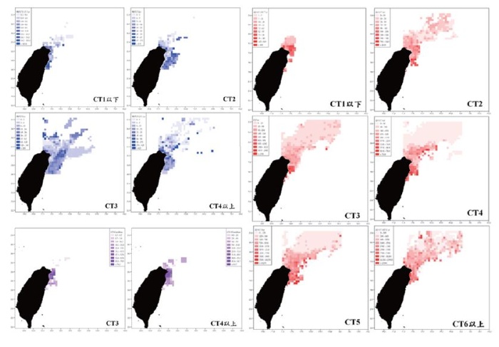 左上(藍)：刺網漁業各噸級船別漁獲熱區分布圖。 / 左下(紫)：櫻花蝦漁業各噸級船別漁獲熱區分布圖。 / 右(紅)：燈火漁業各噸級船別漁獲熱區分布圖。