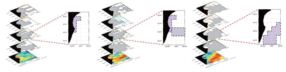 左：宜蘭縣管轄海域範圍內刺網努力量熱區分布圖。 / 中：宜蘭縣管轄海域範圍內刺網漁獲量熱區分布圖。 / 右：宜蘭縣管轄海域範圍內刺網CPUE熱區分布圖。