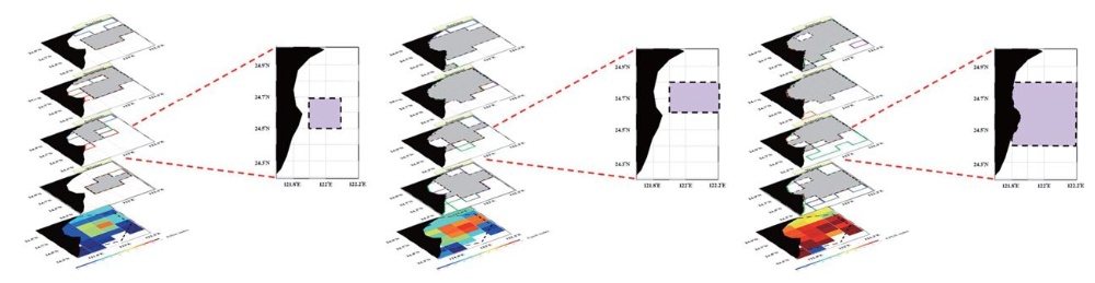 左：宜蘭縣管轄海域範圍內燈火漁船之努力量熱區分布。 / 中：宜蘭縣管轄海域範圍內燈火漁船之漁獲量熱區分布。 / 右：宜蘭縣管轄海域範圍內燈火漁船之CPUE熱區分布。