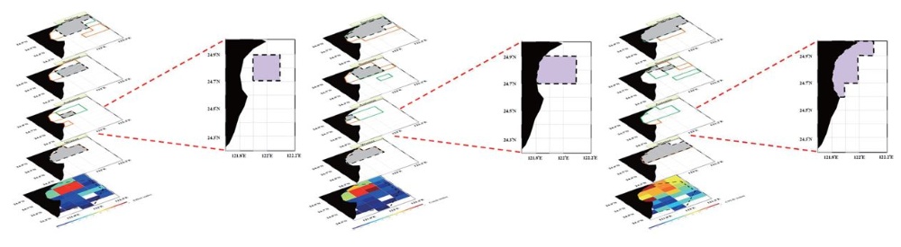 左：宜蘭縣管轄海域範圍內櫻花蝦拖網努力量熱區分布。 / 中：宜蘭縣管轄海域範圍內櫻花蝦拖網漁獲量熱區分布。 / 右：宜蘭縣管轄海域範圍內櫻花蝦拖網CPUE量熱區分布。