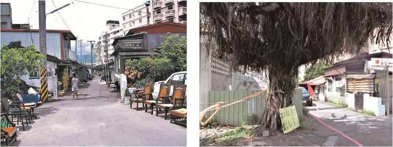左圖：至泰山路口的復國巷是初期的榮民眷舍。（宜蘭縣史館典藏）/ 右圖：如今地標消失了，巷口小榕樹已然茁壯成蔭。（陳財發提供）