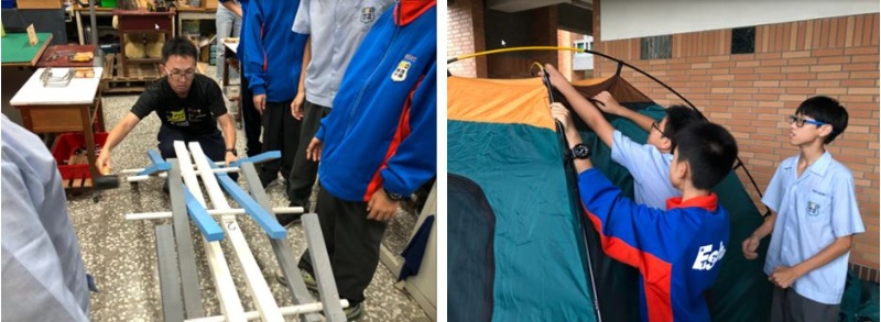 圖十二：拱橋結構體驗(左) / 圖十三：帳篷搭建與材料觀察(右)