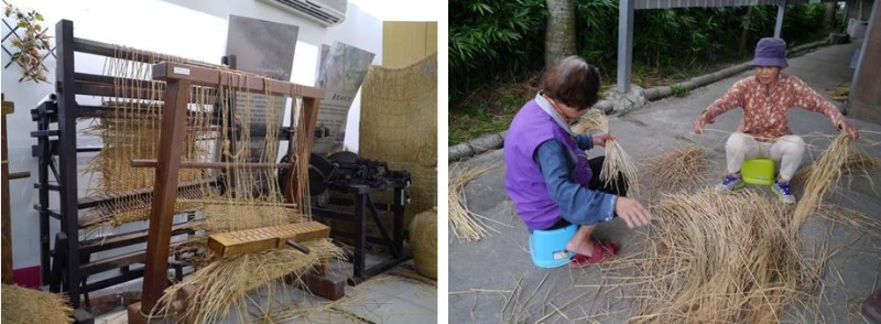 左：2樓編草繩機器展示，2019年攝 / 右：社區工藝師正在篩選可製成草繩的稻草，2019年攝
