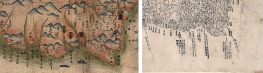 左圖：1870年代〈臺灣前後山全圖〉、右圖：1875年〈全臺前後山輿圖〉兩張地圖中的蘭陽平原與南方澳。