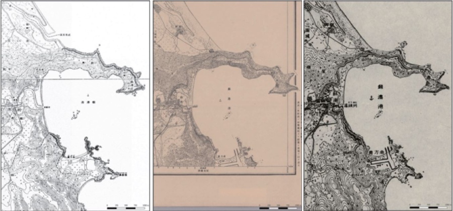 左圖：1904年〈臺灣堡圖(明治版)〉、中圖：1921年〈臺灣實測地形圖〉、右圖：1924年〈臺灣實測地形圖〉 中的蘇澳灣、蘇澳港與南方澳 (中研院人社中心數位典藏與提供)。