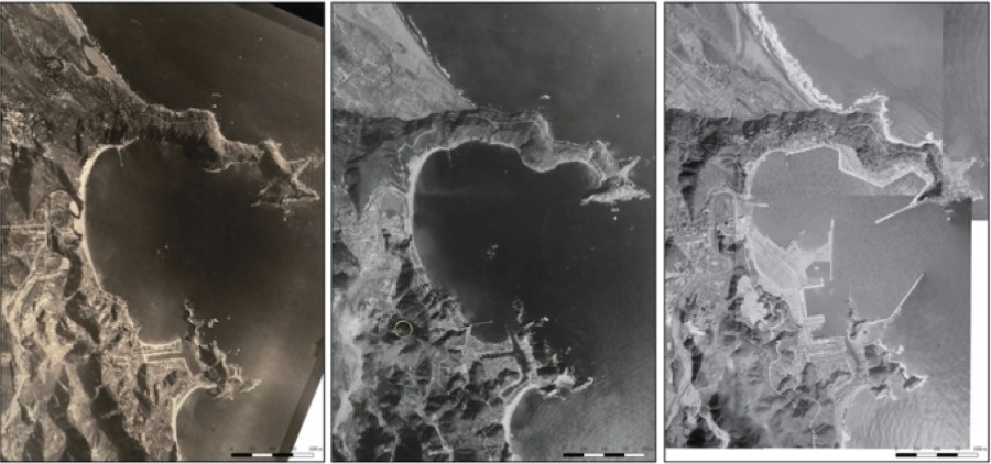 1948年(左)、1968年(中)、1974年(右)等黑白航空照片中的蘇澳灣、蘇澳港、南方澳 (中研院人社中心數位典藏與提供)。