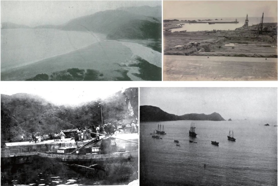 (左上)1908年「蘇澳灣」、 (右上)1920年代「南方澳漁港正在挖土方築港」(徐宗懋典藏與提供)、 (左下)1923「南方澳第一漁港建港完工祭港」(簡浴沂)、 (右下)1920年代蘇澳灣內的各式海船。