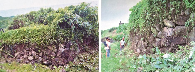 左：1980年代的石城舊照。（宜蘭縣史館典藏） / 右：1980年代站在平地就可以仰望石城牆垣。（陳財發提供）