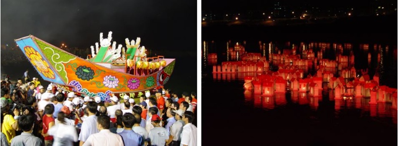 圖八：基隆中元祭的水燈頭，各姓氏宗親會，為了吸引眾人目光，加上彼此較勁，遂發展出的水燈船造型水燈（基隆市2005）(左) / 圖九：河中點點的水燈，在於照耀冥路，招引水陸孤魂前來享受普度盛宴（樹林2004）(右)