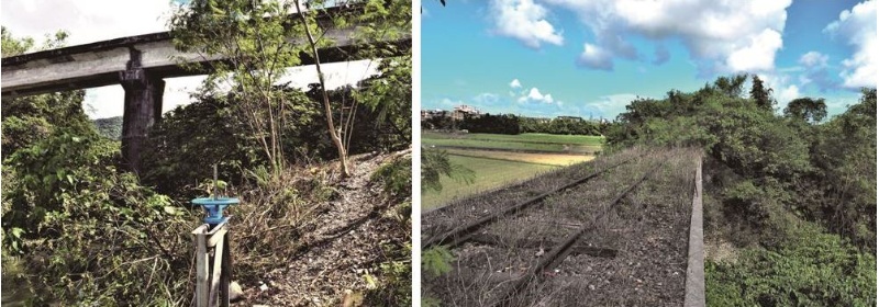 左：天橋下的水利閘門是供應鐵道北側農田灌溉之用。（陳財發提供） / 右：天橋上面鐵軌景況。（陳財發提供）