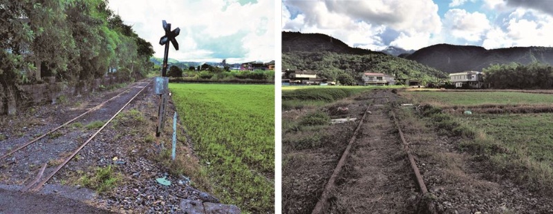 左：田園風光1：宅院、鐵軌、農地。（陳財發提供） / 右：田園風光2：鐵軌、竹圍、畎畝。（陳財發提供）