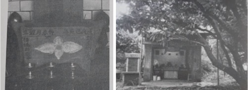 左：已經遺失多年的石香爐舊照。 (轉自74年版鎮志) / 右：2001年張文義先生所拍攝的萬善祠正面照，隱約還可看到石香爐。