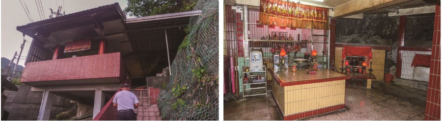 左：民國67年配合遷村，從龜山島遷過來的萬善堂，順應地形蓋在大溪漁港拍賣場上方。(張恆瑞攝) / 右：小廟內的金斗甕很顯眼、廟中有廟的萬善堂內部景觀。(張恆瑞攝)