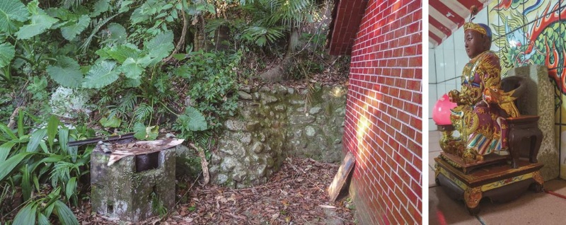左：舊祠就在今址背後，前方水泥構造物是以前的金爐。(張恆瑞攝) / 右：神像背後仍然供 著原石刻牌位。(張恆瑞攝)