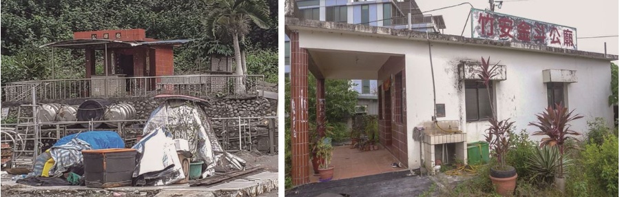 左：環境遭到嚴重破壞的總牌公祠。(張恆瑞攝) / 右：竹安金斗公廟左側面。(張恆瑞攝)