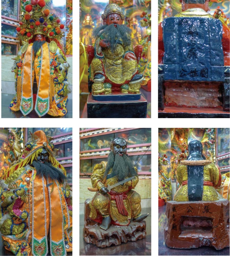 上左:國姓公穿袍戴盔的模樣。 / 上中:國姓公神尊原貌。 / 上右:神尊背後書寫國姓公。 / 下左:張公法主穿袍戴帽的模樣。 / 下中:張公法主神尊原貌。 / 下右:神尊背後書寫張公。(皆為張恆瑞 攝)