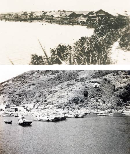 左:緊鄰龜尾湖的龜嶼聚落舊照。（宜蘭縣史館典藏） / 右:1969( 民國58) 年港口完工後，漁船藉此進港碇泊龜尾湖。（龜山島漁村文化館典藏）
