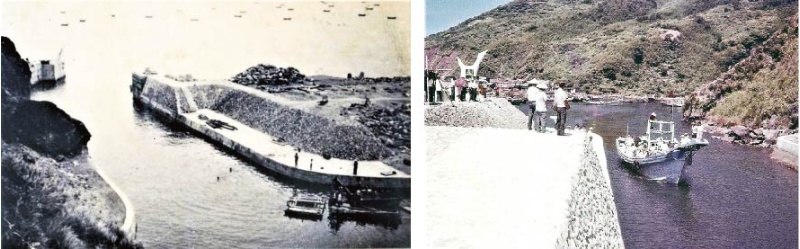 左:港口護岸長108 公尺，另南側防坡堤長35 公尺，寬6 公尺；北堤 長120 公尺，寬20 公尺。（龜山島漁村文化館典藏） / 右:開港之際，討海漁船昂首駛出港口。（龜山島漁村文化館典藏）
