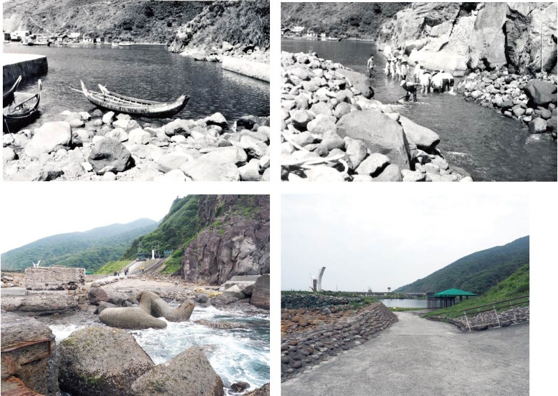 左上:1970( 民國59) 年芙安（FRAN）颱風來襲，南北防坡堤皆被沖塌而將港口堵塞了。（龜山島漁村文化館典藏） / 右上:風暴結束後，全島居民動員人力迅速清除淤塞航道，讓漁船順利駛出港口。（龜山島漁村文化館典藏）左下:邁入21 世紀，支離殘碎的護岸防坡堤，印證「人定勝天」的 不可能性。（陳財發提供） / 右下:昔日的港嘴水路已然變成一條賞景步道。（陳財發提供）