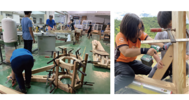 左 : 小屋結構試作 / 右 : 同學於現場施工