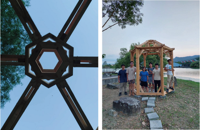 左 : 小屋屋頂建築為六角形結構 / 右 : 汗得師生與小屋合影