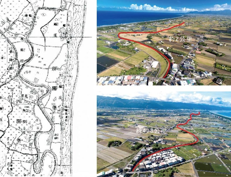 左 : 舊宜蘭河古亭笨至社頭段S 彎河域已被截彎取直成十三 股大排。引自1904 年台灣堡圖。 / 右上 : 舊宜蘭河車路頭以南水文已轉型為十三股大排。（陳財 發提供） / 右下 : 舊宜蘭河車路頭以北水文也轉型為十三股大排。（陳財 發提供）