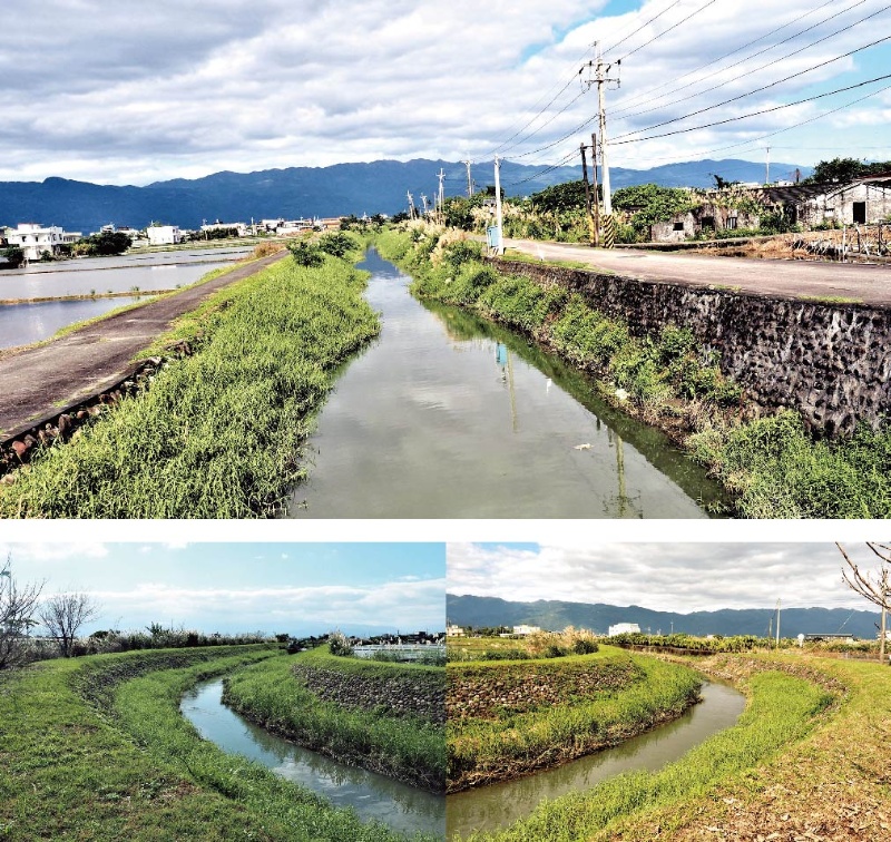 上 : 新社橋下的十三股大排就是舊河道。（陳財發提供） / 左下 : 新社段的折彎河道。（陳財發提供） / 右下 : 大福段的折彎河道。（陳財發提供）