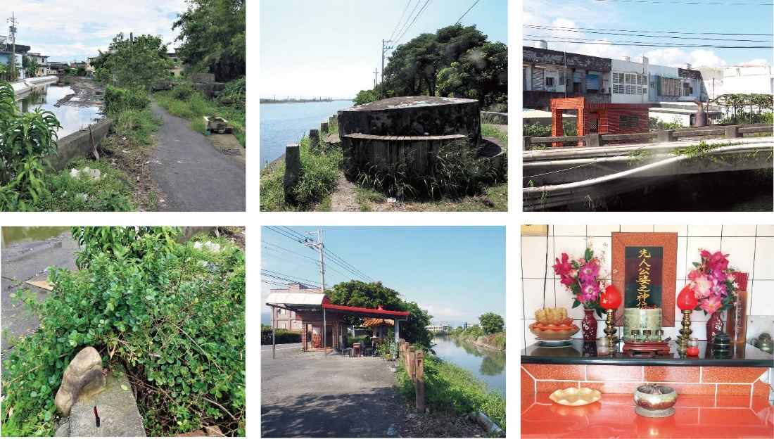 左上 : 車路頭舊河道堤岸旁的軍事碉堡。 / 左下 : 車路頭舊河道堤岸上的石敢當。 / 中上 : 竹安河段軍事碉堡。 / 中下 : 塭底段的信仰空間之一：大眾爺廟。 / 右上 : 塭底段段的信仰空間之二：先人廟。 / 右下 : 先人廟供奉先人公婆神位。（皆為陳財發提供）