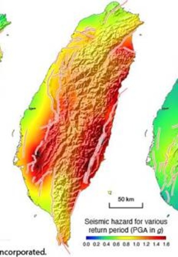 台灣地震災害機率圖(圖片來源：國立中央大學地震災害鏈風險評估及管理研究中心官網)