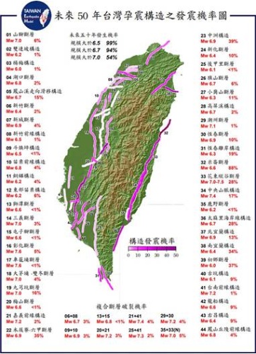 未來50年台灣孕震構造之發震機率圖（圖片來源:國立中央大學地震災害鏈風險評估及管理研究中心官網）