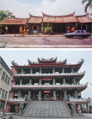 上：頭城開成寺改建前舊貌，從左至右依序為城隍廟、大眾爺廟、開成寺、吳沙祠。(翻拍自開成寺日曆) / 下：頭城開成寺廟群今昔建築格局示意圖：開成寺、吳沙祠、大眾廟、城隍廟原係四廟水平並列，今則轉化 為垂直向上疊加的建築型態。( 張恆瑞 攝)