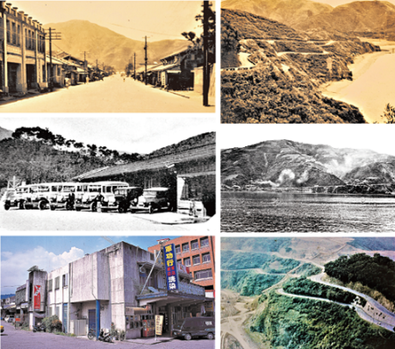 左上：蘇南公路進入蘇澳新街道的舊照。（宜蘭縣史館典藏） / 左中：最初行駛蘇南公路的交通巴士-- 東海株式會社蘇澳車站。（宜蘭縣史館典藏） / 左下：戰後，公路局蘇澳站改建二樓RC 建體，但是後面修護空間屋架仍保持原樣。（宜蘭縣史館典藏） / 右上：戰後初期，蘇南公路下坡砂岸尚有數戶漁家偎海維生。（宜蘭縣史館典藏） / 右中：1950 至1970 年代，蘇南公路是條車水馬龍、運輸頻繁的蘭陽魚路。（李阿梅提供） / 右下：1975（民國64）年7 月，蘇澳港動工後，移山填海工程隨之展開，1994（民國83）年取代蘇南公路運輸功能的移山 路同步打樁堅固路基。（李阿梅提供）