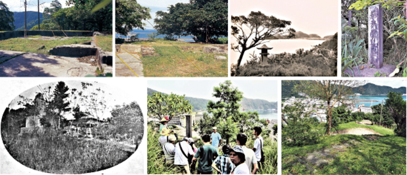左上、左中：砲台山-清國砲陣史跡。（宜蘭縣史館典藏） / 右中：1950 年代以前，砲台山上可以遠望南方澳漁港水域。（宜蘭縣史館典藏） / 右上：砲台山- 金刀比羅社碑正面碑文。（陳財發提供） / 左下：砲台山- 金刀比羅社拜殿及 警察遭難碑舊照。（宜蘭縣 史館典藏） / 中下：砲台山- 金刀比羅社碑背面碑文。（陳財發提供） / 右下：神社參拜道的原路徑。（陳財發提供）