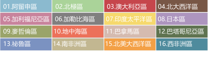 貝類的世界分區名稱，分別為：01.阿留申區 02.北極區 03.澳大利亞區 04.北大西洋區 05.加利福尼亞區 06.加勒比海區 07.印度太平洋區 08.日本區 09.麥哲倫區 10.地中海區 11.巴拿馬區 12.巴塔哥尼亞區 13.祕魯區 14.南非洲區 15.北美大西洋區 16.西非洲區
