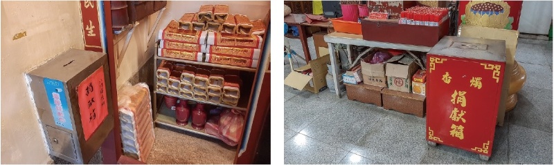 左：北門福德祠將金紙捆好放置一旁。(張恆瑞 攝) / 右：開成寺香燭捐獻箱。(張恆瑞 攝)