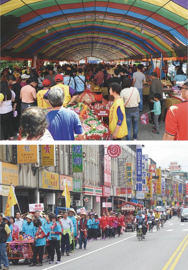 上：「福神弄龜」活動除了保留並延續「千龜來朝」的精神外，同時融入新的創意和元素(頭城鎮公所 提供) / 下：鎮內各個社區或廟宇製作創意神龜參與踩街活動。(頭城鎮公所 提供)