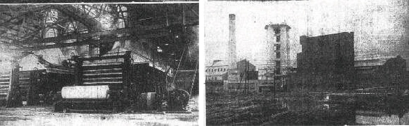 左：工場製紙設備。資料來源：《臺灣日日 新報》，〈新設羅東工場全景（臺灣興業會社）〉，06 版，1937 年9 月1 日。 / 右：工場「鬼芒」貯場。資料來源：《臺灣日 日新報》，〈新設羅東工場全景（臺灣興業會社）〉， 06 版，1937 年9 月1 日。