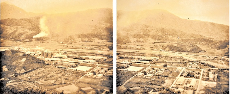 左：戰後初期的台泥蘇澳廠生產煙囪只有一支。（宜蘭縣史館典藏） / 右：白米溪對岸盡是一片人煙稀疏、旱田耕植的丘陵地。（宜蘭縣史館典藏）