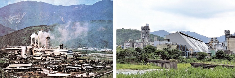 左：1980 年代以前是台泥蘇澳廠的黃金歲月，濃濃白煙時時迷漫白米饔周遭的聚落，因而催生了以環保立縣為主軸的「青天計畫」。（林麗貞提供） / 右：蘇澳廠生產兼顧環保作業的用心，商譽也大大提昇了。（陳財發提供）