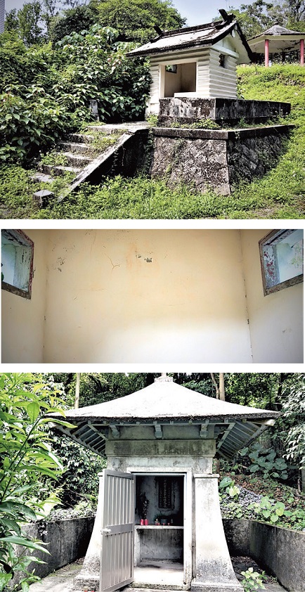 上：建體以鋼筋混凝土為材質，外觀則刻意模仿 木造之「校倉造」，相當別具一格。（林麗貞提供） / 中：神社內案桌上已空無一物。（林麗貞提供） / 下：坐東朝西水泥造四角攢尖式的墓亭，平台上 亭身分二堵，下堵有扶柱牆身斜外成梯形狀， 正中有一鋁門扉。左、右、牆都各開有一鐘 型小窗。屋頂下翼角起翹，檐下安仿木作水 泥斗拱造型。（林麗貞提供）