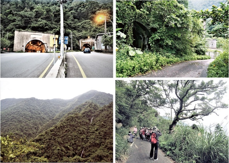 左上：新澳隧道北口側邊一道鐵欄杆門就是往烏石鼻隧道的舊路徑。（陳財發提供） / 右上：單行道的舊路面。（陳財發提供） / 左下：舊公路開始遶行南澳嶺時會越過粉鳥林瀑布。（陳財發提供） / 右下：荒郊野外的舊車道。（陳財發提供）